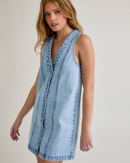 SLEEVELESS V-NECK BUTTON DOWN DENIM MINI DRESS