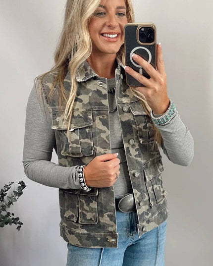 Camo Utility Cargo Denim Vest with Button Front Pockets