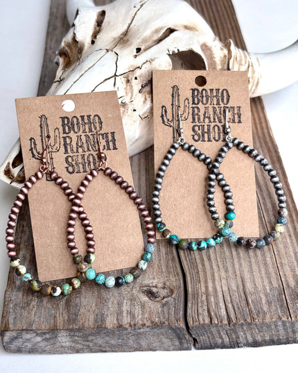 Western Navajo Style Pearl Teardrop Hoop Dangle Earrings