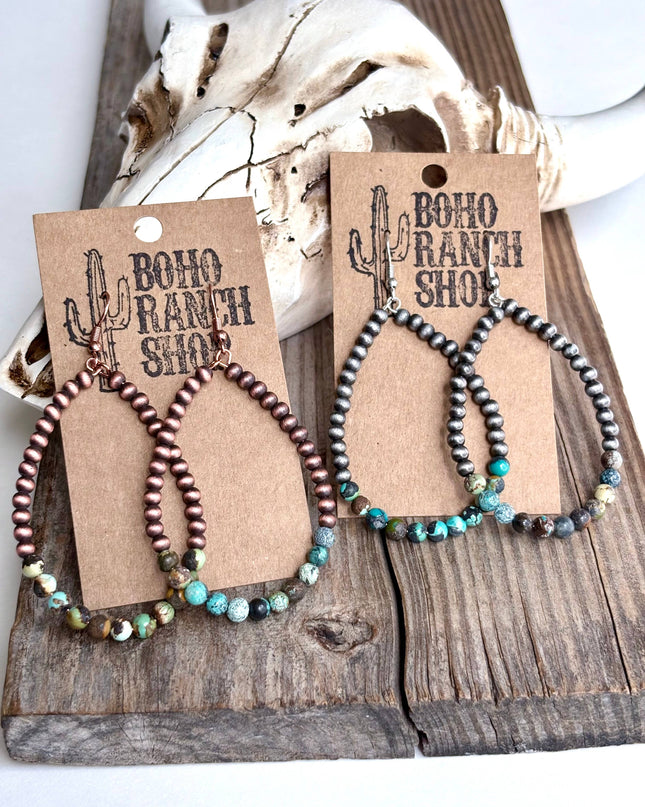 Western Navajo Style Pearl Teardrop Hoop Dangle Earrings