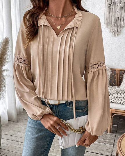 Long Sleeves Loose Pleated Solid Color Split-Joint V-Neck Blouses&Shirts Tops