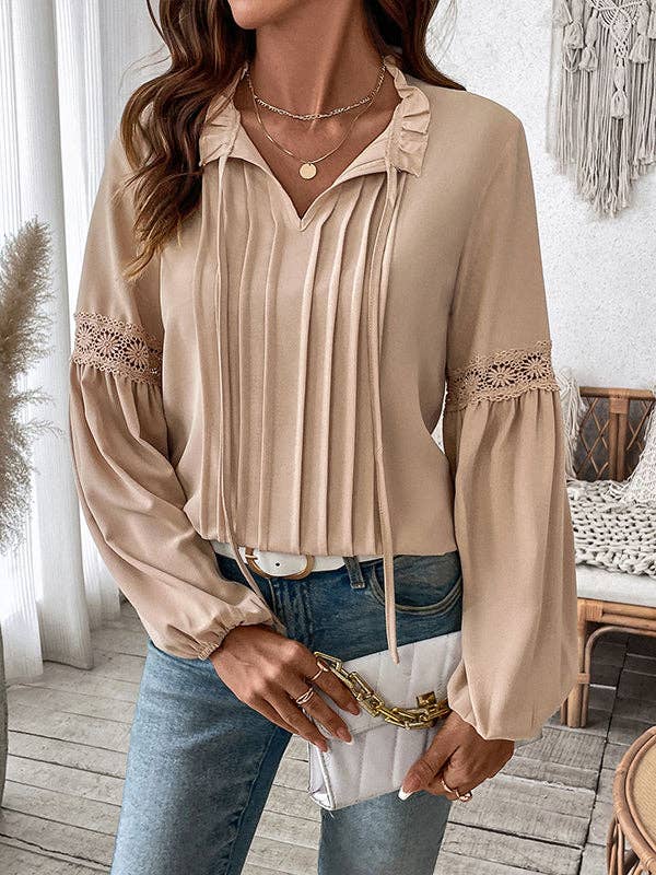 Long Sleeves Loose Pleated Solid Color Split-Joint V-Neck Blouses&Shirts Tops