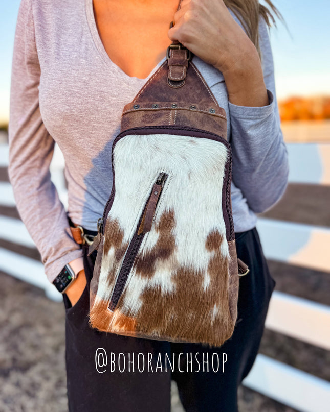 Western Cowhide Leather Sling Bag - travel bag chest bag