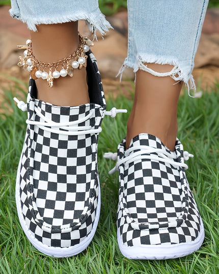 Checkered Leopard Print Lace-up Detail Flat Shoes