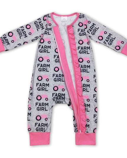 Pink tractor farm girl ruffle baby zipper romper