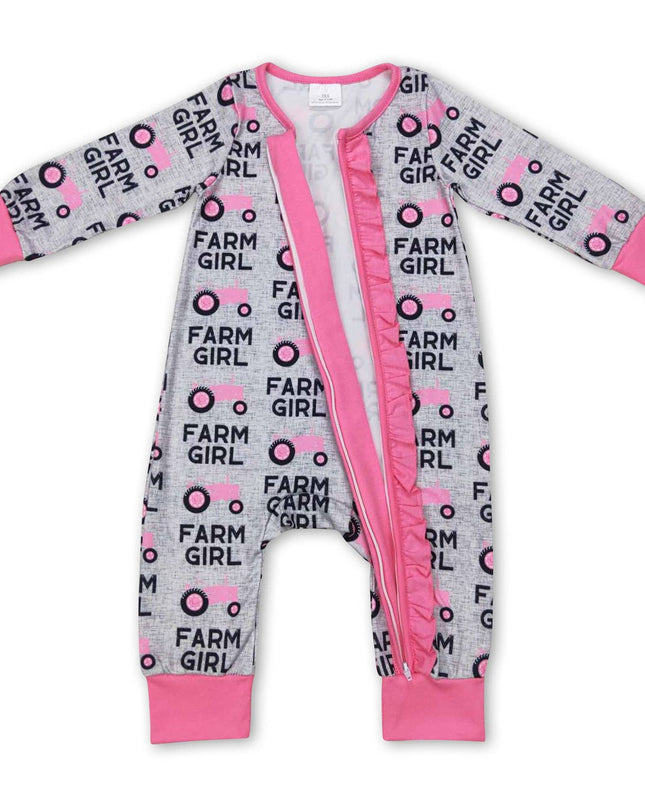 Pink tractor farm girl ruffle baby zipper romper