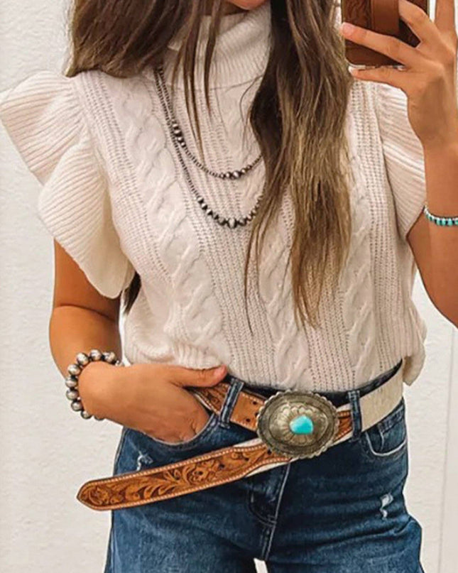 Western Cable Knit Turtleneck Ruffle Sleeve Sweater Top