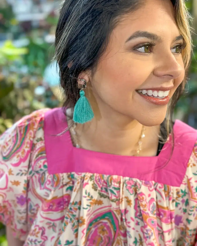 LOVE NOTES TURQUOISE TASSEL STUD EARRINGS