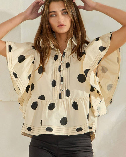 IT2337 Ruffle Sleeves Pintuck Detail Polka Dot Print top