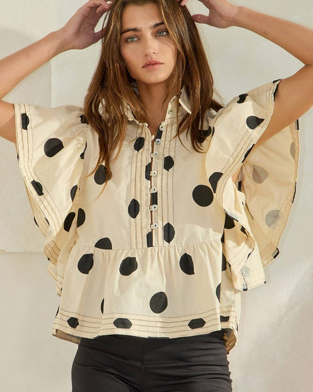 IT2337 Ruffle Sleeves Pintuck Detail Polka Dot Print top