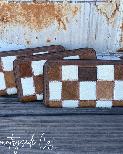 Checkered Cowhide Womens Wallet Wristlet Trendy