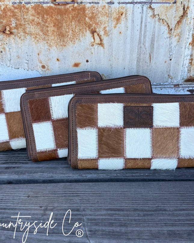 Checkered Cowhide Womens Wallet Wristlet Trendy