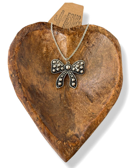 Western Style Embossed Coquette Bow Pendant Necklace