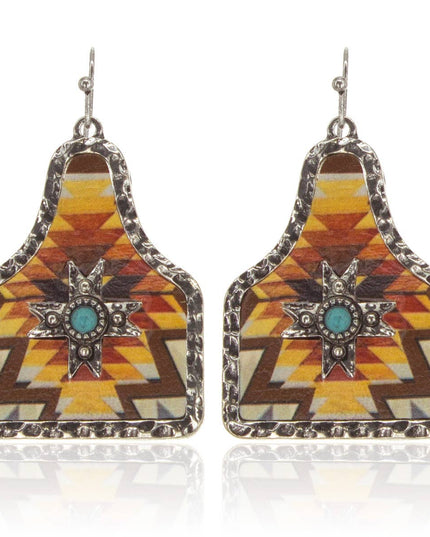 Aztec Pattern Cow Tag Hammered Metal Frame Leather Earrings