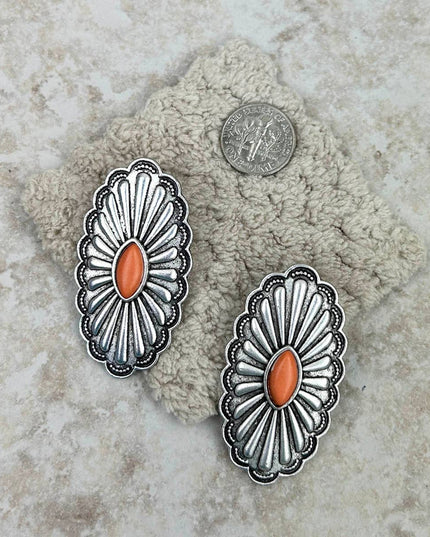 ER220430-03-ORANGE    Silver with orange stone oval concho Earrings