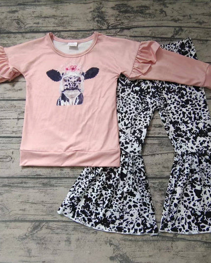 Baby girls fall pink cow bell pants clothes sets
