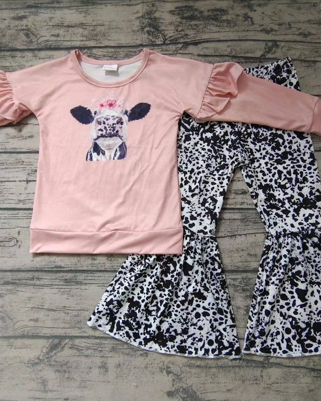 Baby girls fall pink cow bell pants clothes sets