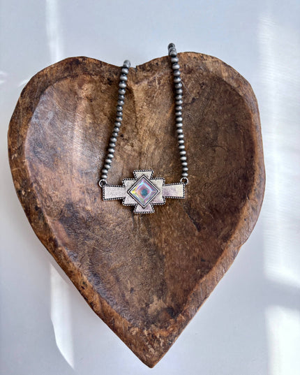 Western Aztec Stone Pendant Navajo Pearl Bead Necklace