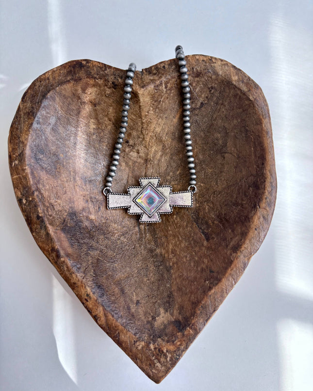 Western Aztec Stone Pendant Navajo Pearl Bead Necklace
