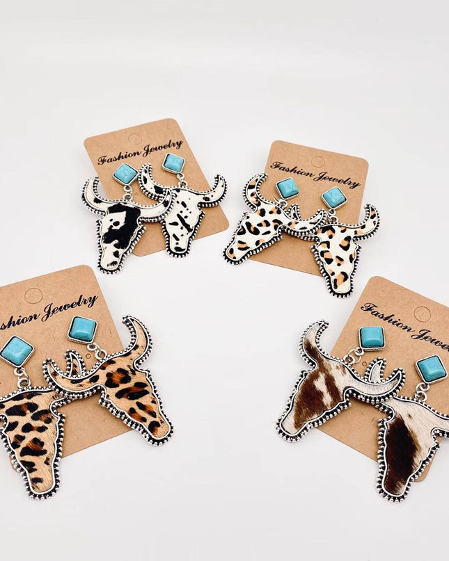 Western Style Cowhide Cowhead Shape Stud Earrings - WJ