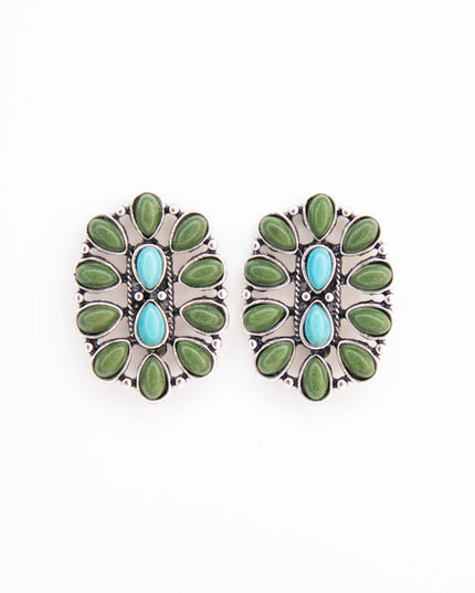1.25" Turquoise and Green Oval Cluster Post Earring