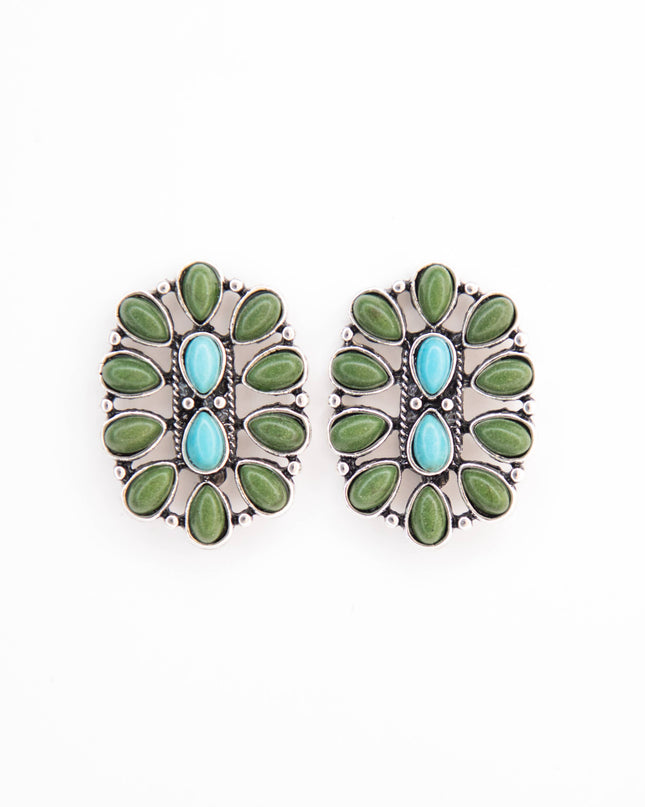 1.25" Turquoise and Green Oval Cluster Post Earring