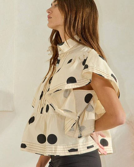 IT2337 Ruffle Sleeves Pintuck Detail Polka Dot Print top