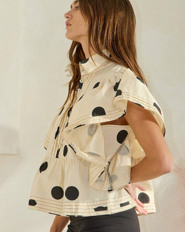 IT2337 Ruffle Sleeves Pintuck Detail Polka Dot Print top