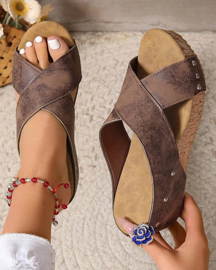 Criss Cross Cut Out PU Leather Wedge Slippers