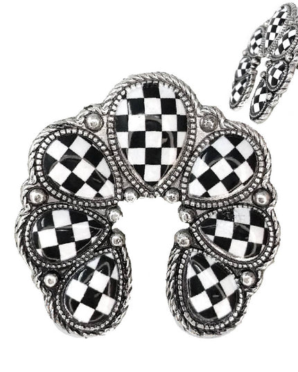 Western Checker Board Squash Blossom Ring