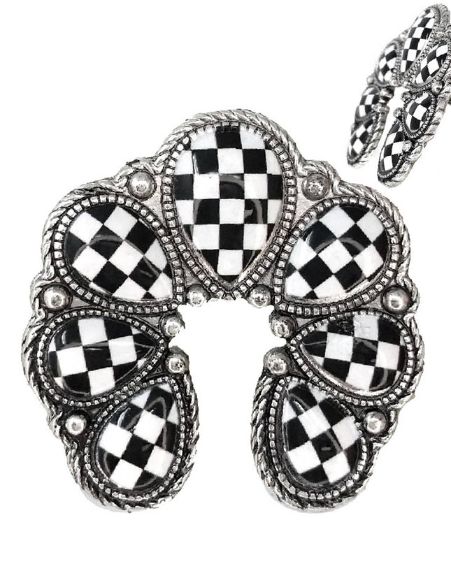 Western Checker Board Squash Blossom Ring