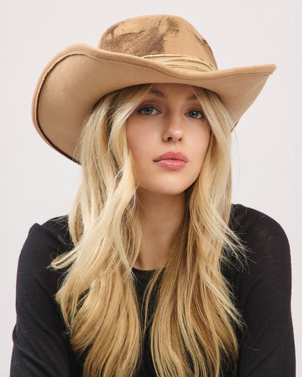 Distressed Fabric Band Feather Cowgirl Fedora Hat