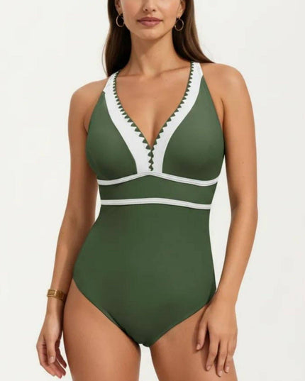 One Piece Swimsuit with Deep V Neck Contrast Trim and Sculpted Waist Design