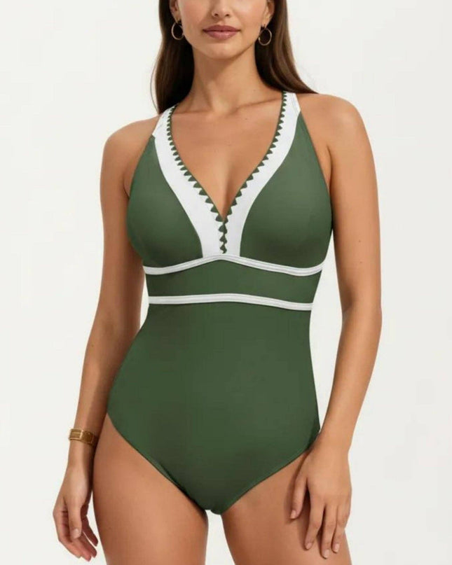 One Piece Swimsuit with Deep V Neck Contrast Trim and Sculpted Waist Design