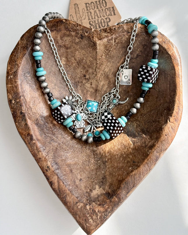 2 Layered Western Charm & Navajo Pearl Bead Choker Necklace