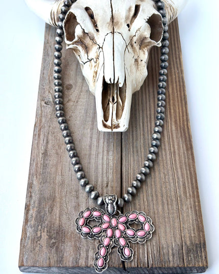 7MM Western Navajo Pearl Coquette Bow Stone Pendant Necklace