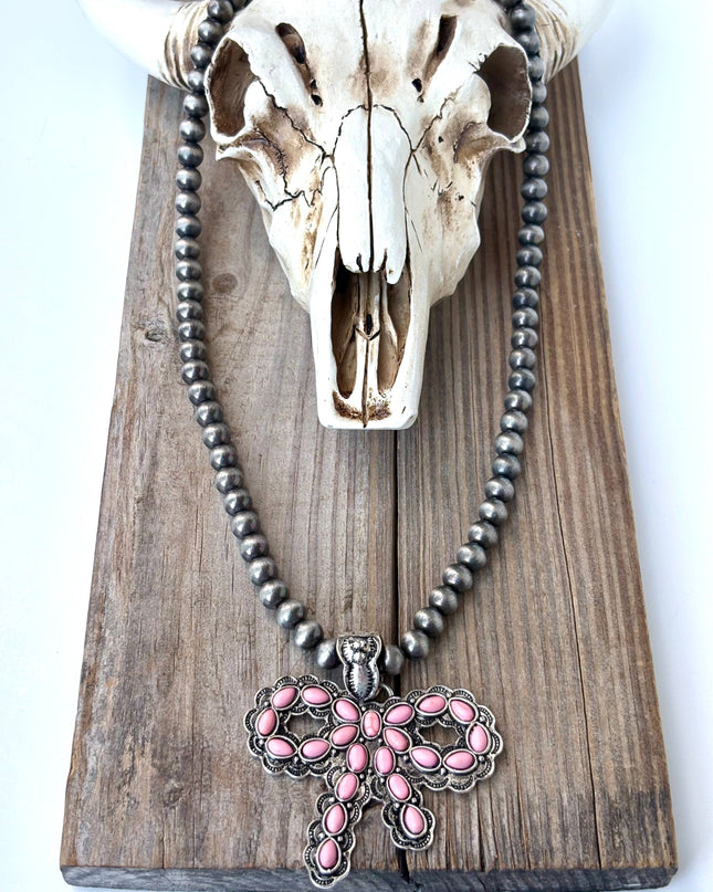 7MM Western Navajo Pearl Coquette Bow Stone Pendant Necklace