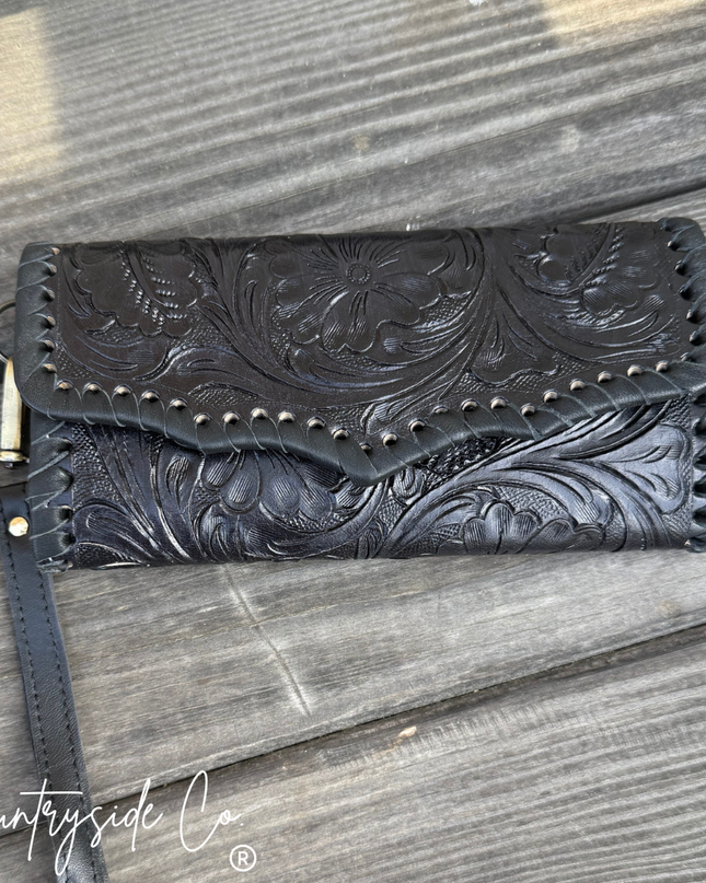 Piper Tooled Leather Wallet Wristlet