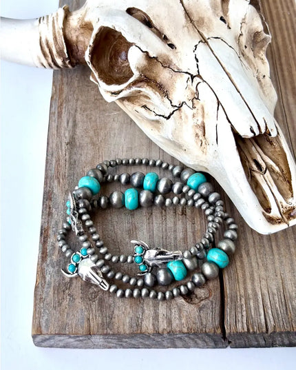 3 Layer Navajo Pearl & Stone Stackable Stretch Bracelet