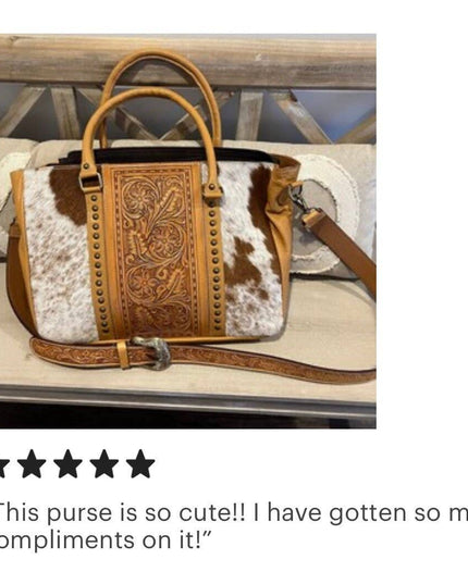 Hand Tooled Leather Cowhide Western Purse Tote Work Bag