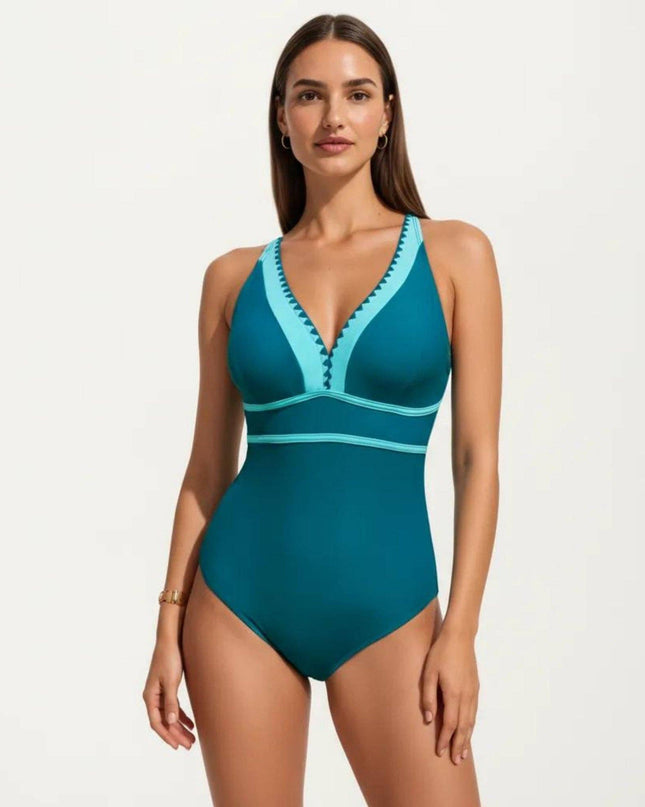 One Piece Swimsuit with Deep V Neck Contrast Trim and Sculpted Waist Design