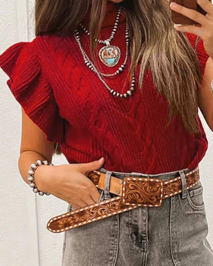 Western Cable Knit Turtleneck Ruffle Sleeve Sweater Top