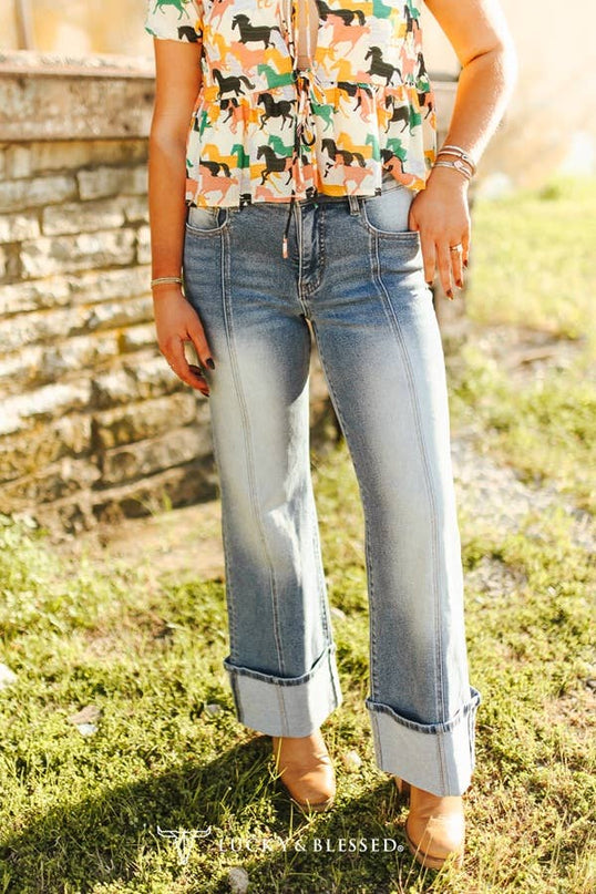 Mid Wash Cuffed Crease Wide Leg Mid Rise Jeans