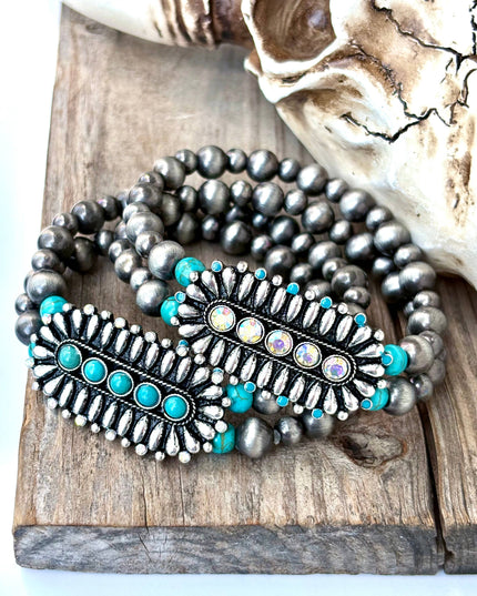 2 Layered Navajo Pearl w/ Stone Western Bar Stretch Bracelet
