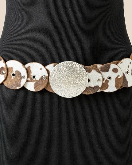 Western Inspired Cowhide Large Round Buckle Vegan Leather Belt