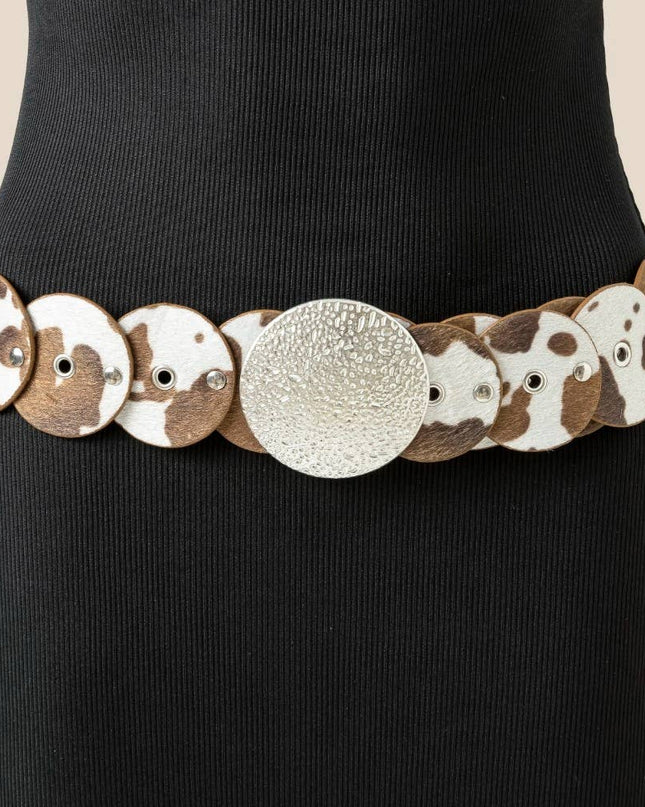 Western Inspired Cowhide Large Round Buckle Vegan Leather Belt