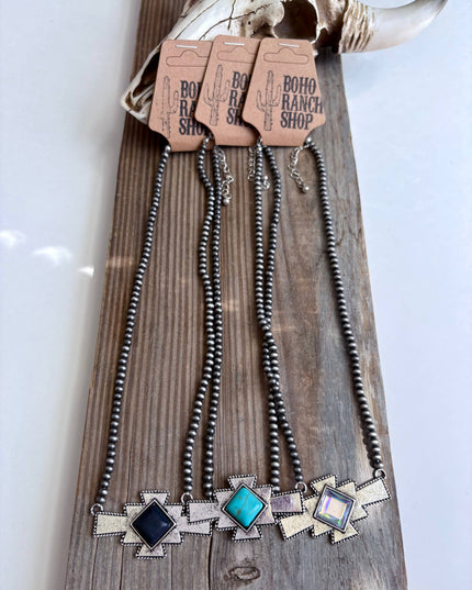 Western Aztec Stone Pendant Navajo Pearl Bead Necklace