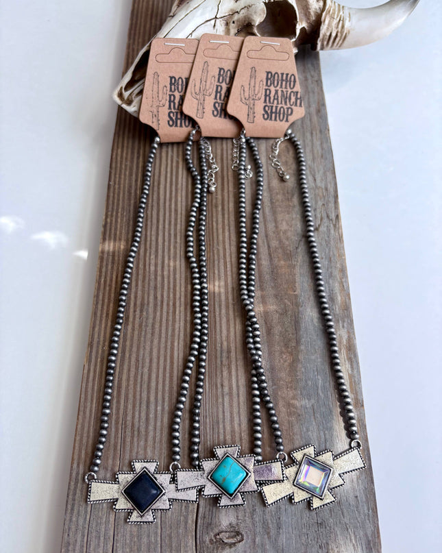 Western Aztec Stone Pendant Navajo Pearl Bead Necklace