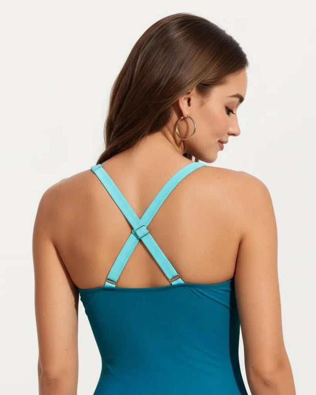 One Piece Swimsuit with Deep V Neck Contrast Trim and Sculpted Waist Design