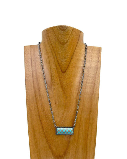 NKZ240537-01                  18 Inches silver metal chain with checker print bar Necklace